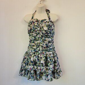 Y2K Papaya Babydoll Halter Neck Tank Top Smoked Boddy RUffle Zip Women S Retro
